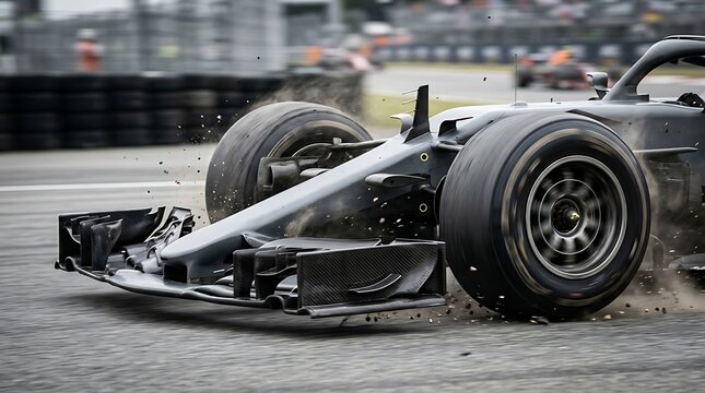 Dynamic close-up of a high-performance open-wheel race car cornering on a track with debris, capturing the intensity and speed of competitive motorsport