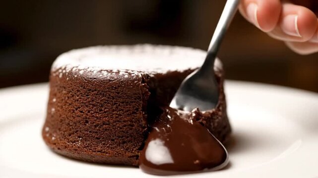 Indulge in a delightful moment as a fork gently breaks into a warm, luscious chocolate lava cake, revealing its irresistible molten core and inviting sweetness