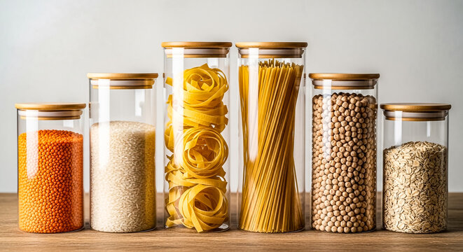 A collection of various dry food staples including lentils, rice, pasta, chickpeas, and oats, neatly stored in clear glass jars with wooden lids, promoting efficient and organized kitchen pantry stora