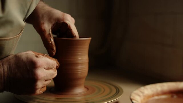 Potter hands shaping clay on wheel creating ceramic pottery vase