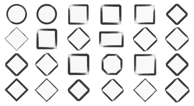 A diverse collection of geometric shapes including circles, squares, rectangles, and diamonds with textured dark borders.