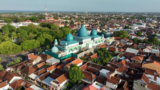 Aerial Drone Pan Baiturrahman Mosque Banyuwangi Indonesia Traffic Cityscape Islamic Dome Architecture East Java
