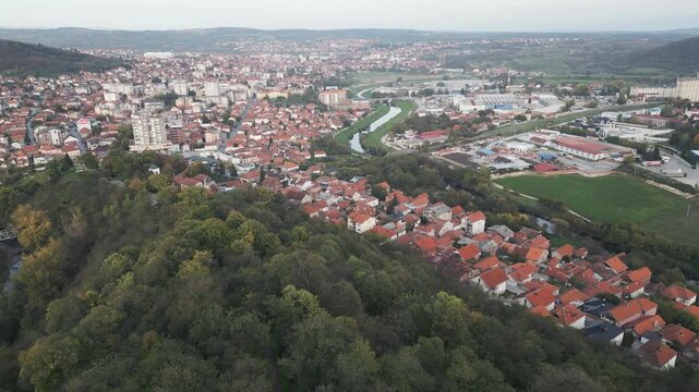 Aerial panoramic view of Prokuplje town and urban landscape in southern Serbia.