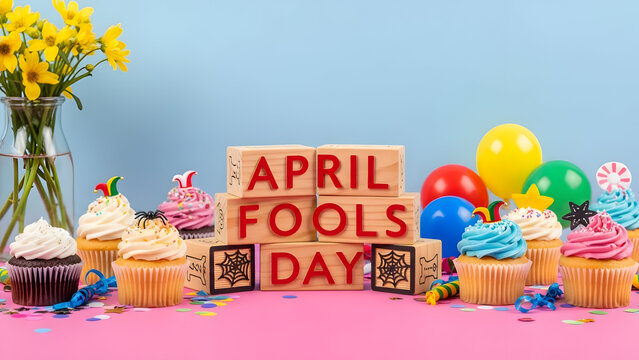 A festive celebration setup featuring cupcakes balloons and wooden blocks for april fools day