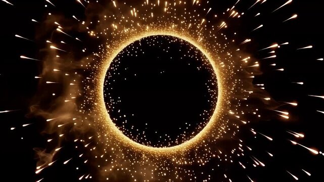 Glowing Golden Fireworks Halo with Radiating Spark Particles Around Dark Center Festive