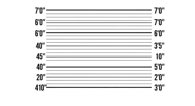 Classic black and white police lineup height chart with detailed imperial measurements for identification purposes.