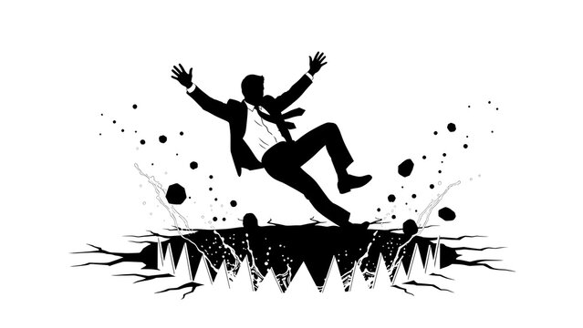 A silhouette of a businessman falling into a dangerous pit filled with sharp jagged spikes