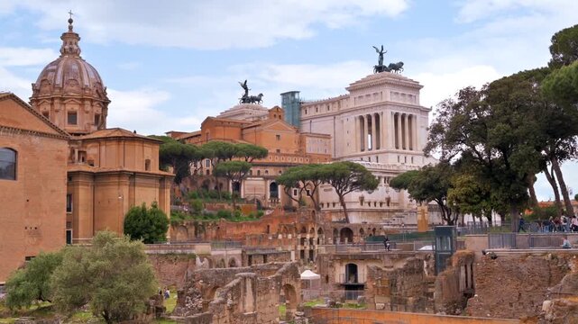Historical rome cityscape with ancient ruins, impressive architecture, and people exploring landmark.