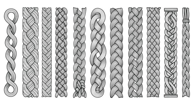 Set of intricately designed braided rope patterns featuring various weaving styles and textures for decorative use.
