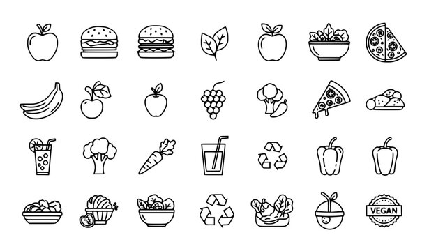 Vegan food icon collection with editable stroke clean outline plant based vector set