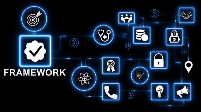 Framework technology icons network with system structure architecture icon illustrating software development environment and integration interface motion graphics transparent background 4k visuals