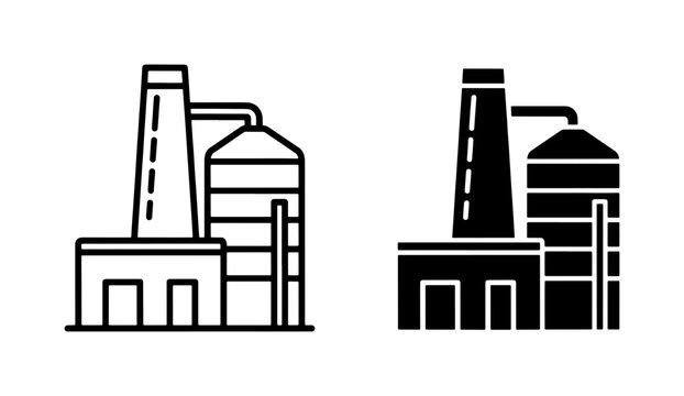 Industrial Factory Building Line and Silhouette Icon Set