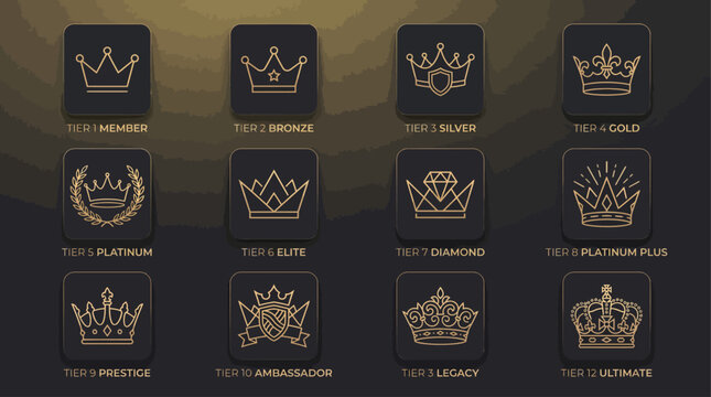 Collection of tiered crown icons symbolizing membership levels and achievements in a gamified system or loyalty program