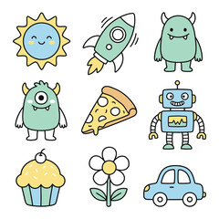 Obraz premium A set of cute cartoon illustrations of various objects and characters