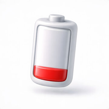 3D battery icon with low energy level in red, indicating power depletion. Ideal for alerts, device status, energy monitoring, and warning systems in digital interfaces.