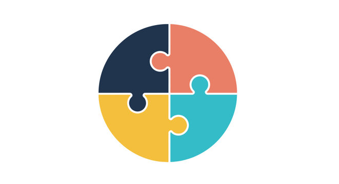 Four colorful puzzle pieces forming a complete circle to symbolize teamwork and business strategy development and unity