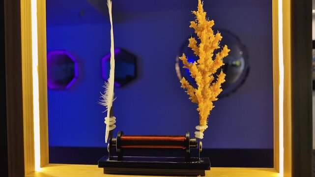 Electrostatic Ionic Wind Experiment Moving Feather and Fibers in High Voltage Field