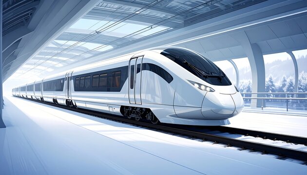 A sleek white bullet train speeding through a modern station