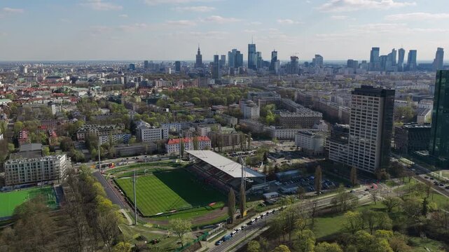 Panoramic Aerial View Of Polonia Warsaw Stadium In Warsaw, Poland.