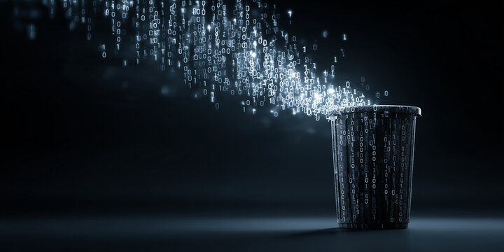 Futuristic digital bin deletes data stream. Binary code forms rubbish. Cyberspace information deletion. Secure data removal concept. Network, privacy clean up. Digital waste bin abstract