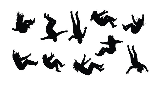Silhouettes of multiple people in freefall, tumbling and floating through the air in various dynamic poses.