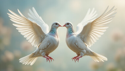 Obraz premium Two White Doves Facing Each Other Symbol of Love and Peace