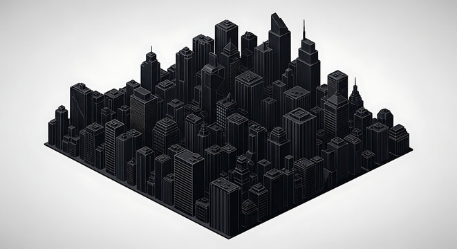 Isometric dark cityscape with densely packed skyscrapers and illuminated windows, representing urban development and metropolitan density