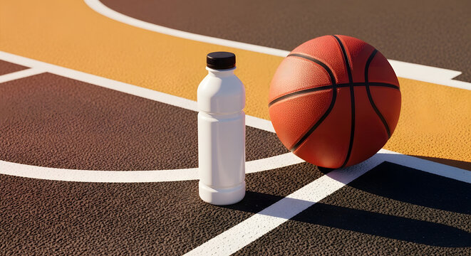 Sports drink bottle and basketball on court surface for active lifestyle and refreshment