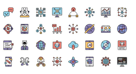 Obraz premium Vibrant icons illustrate business growth, data analysis, and strategic planning. Perfect for presentations, website design, and marketing materials co