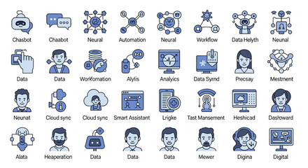 Obraz premium A vibrant icon set illustrates modern data processing, suggesting innovation and digital transformation. Perfect for websites, presentations, and mark
