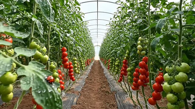 Tomato plants growing inside a greenhouse with natural sunlight