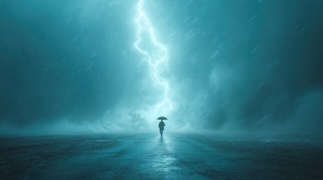 A lone person with an umbrella stands on a wet road under heavy rain and a dramatic lightning-filled stormy sky.