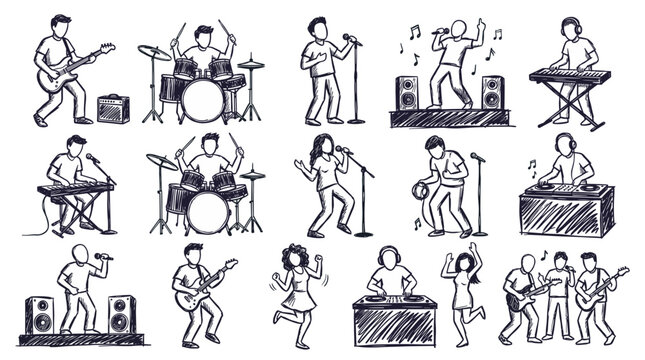 A collection of hand-drawn sketches depicting various musicians and musical performances, including guitarists, drummers, singers, keyboardists, and DJs.