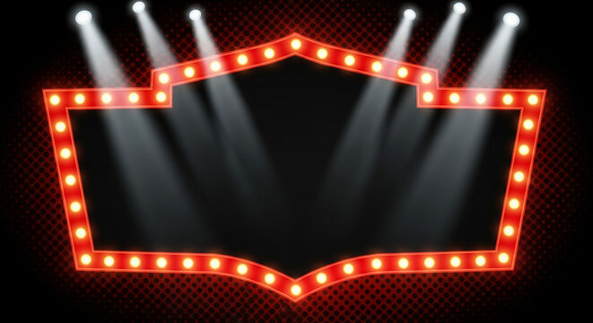 A grand, ornate retro marquee sign with a double border of red lights features a dark empty space under brilliant red spotlights.