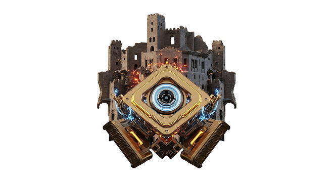 fantasy castle ruins with glowing magical orb and steampunk elements, digital art with intricate details and dramatic lighting