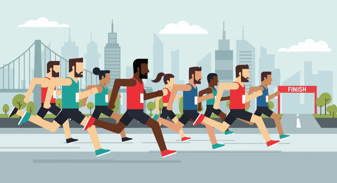 Flat 2D vector of group of runners marathon race, diverse characters, dynamic motion pose, urban city background, clean geometric shapes, modern flat style