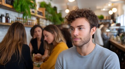 Obraz premium A candid moment capturing friends gathered for conversation in a warm contemporary cafe environment