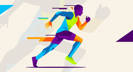 Fototapeta premium Minimal flat vector silhouette of runner with bold color blocks, trendy design, poster style