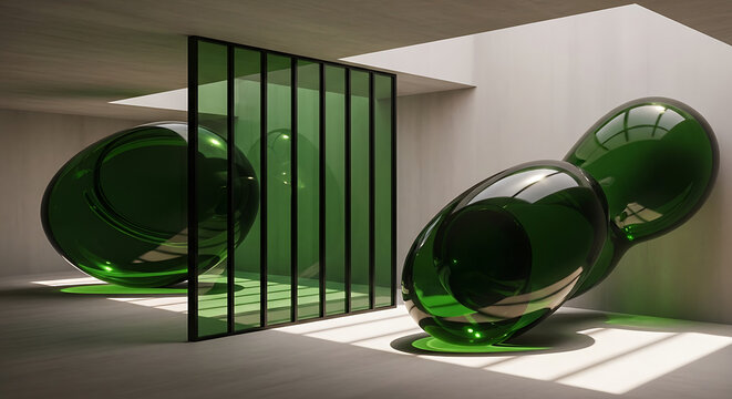 Abstract green fluid blobs interacting with a glass partition in a minimalist architectural space, casting dramatic shadows and reflections