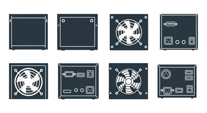 Computer Component Icons Set, PC Cases, Cooling Fans, and Power Supply Units Collection on Isolated White Background