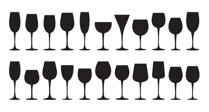 Collection of silhouette glasses for drinks wine champagne and cocktail types.