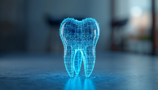 A stunning digital wireframe model of a human tooth glows with an ethereal blue light on a subtly textured dark surface.