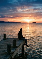 Fototapeta premium Generated AI - Peaceful Man Sitting on a Wooden Pier Watching the Sunset Over the Sea