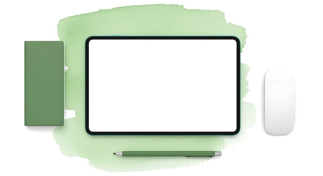Flat lay of a tablet with a blank screen, notebook, stylus, and mouse on a light green watercolor splash, ideal for digital notes and design mockups