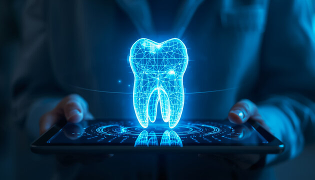 A person holds a digital tablet displaying a luminous blue wireframe tooth, symbolizing advanced dental technology and innovation.