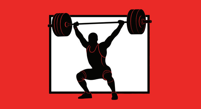 Weightlifter silhouette overhead lifting barbell on red background