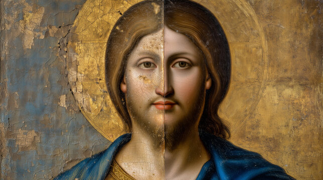 Before and after split panel of faded saint icon versus restored vivid tempera painting on conservation table, Orthodox Christian art restoration milestone, studio lighting, professional achievement