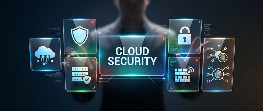 Cloud security concept with glowing icons for protection, data, network, and firewall on a dark background