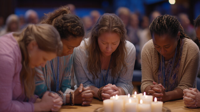 Diverse women's prayer circle on gymnasium floor, heads bowed, hands clasped, eyes closed, community church mental health support group, folding chairs arranged in circle, foam cups of coffee on sid