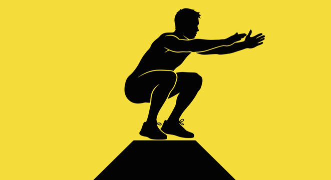 Silhouette of a man performing a jump squat exercise on yellow background